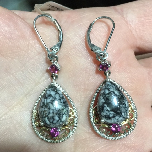 925 silver marked teardrop black agate amethyst hinged back pierced earrings new - Picture 13 of 17